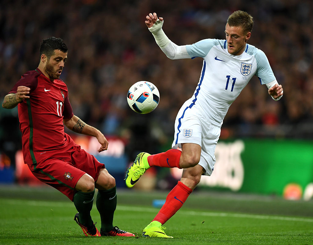 LONDON, ENGLAND - JUNE 02:  Jamie Vardy of England takes on Vieirinha of Portugal during the international friendly match between England and Portugal at Wembley Stadium on June 2, 2016 in London, England.  (Photo by Shaun Botterill/Getty Images)