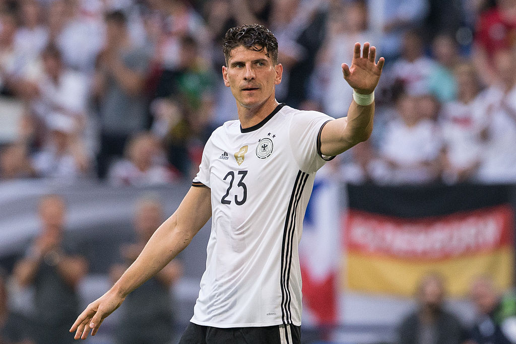 GELSENKIRCHEN, GERMANY - JUNE 04: Mario Gomez of Germany gestures during the international friendly match between Germany and Hungary  at Veltins-Arena on June 4, 2016 in Gelsenkirchen, Germany. Germany won 2:0. (Photo by Maja Hitij/Bongarts/Getty Images)