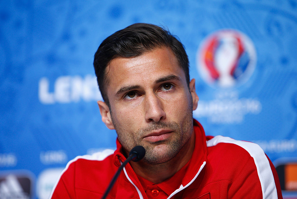 LENS, FRANCE - JUNE 10: In this handout image provided by UEFA, Captain, Lorik Cana of Albania during the Albania Press Conference at the Stade Bollaert-Delelis on June 10, 2016 in Lens, France. (Photo by Handout/UEFA via Getty Images)