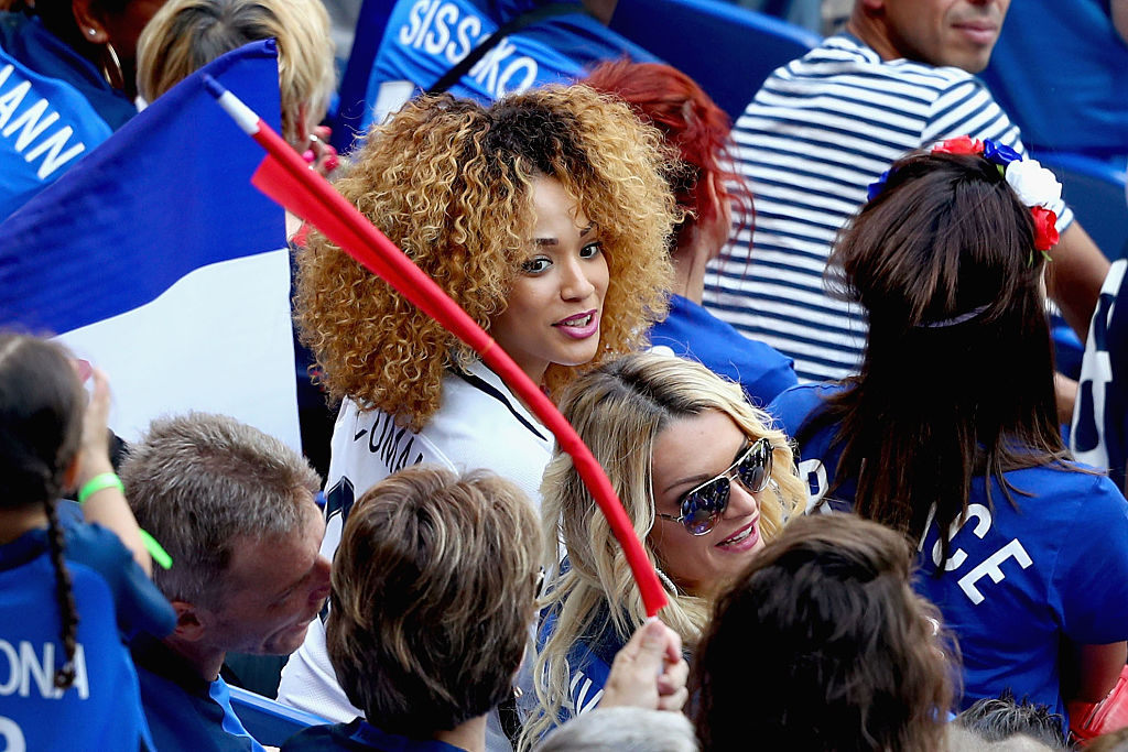 LYON, FRANCE - JUNE 26: Sephora Goignans, girlfriend of Kingsley Coman of France, is seen in the stand prior to the UEFA EURO 2016 round of 16 match between France and Republic of Ireland at Stade des Lumieres on June 26, 2016 in Lyon, France.  (Photo by Lars Baron/Getty Images)
