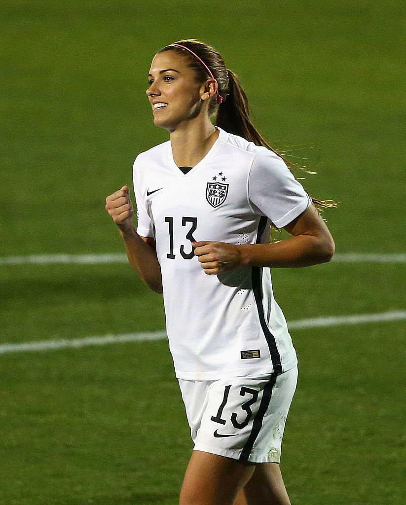 FRISCO, TX - FEBRUARY 10:  Alex Morgan #13 of USA celebrates her goal against Costa Rica during the 2016 CONCACAF Women's Olympic Qualifying at Toyota Stadium on February 10, 2016 in Frisco, Texas.  (Photo by Ronald Martinez/Getty Images)