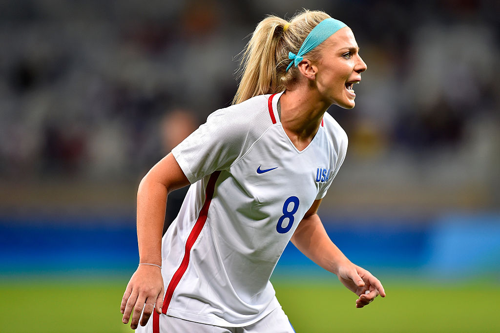 BELO HORIZONTE, BRAZIL - AUGUST 03: Julie Johnston #8 of United States reacts during the Women's Group G first round match between the United States and New Zealand during the Rio 2016 Olympic Games at Mineirao Stadium on August 3, 2016 in Belo Horizonte, Brazil.  (Photo by Pedro Vilela/Getty Images)