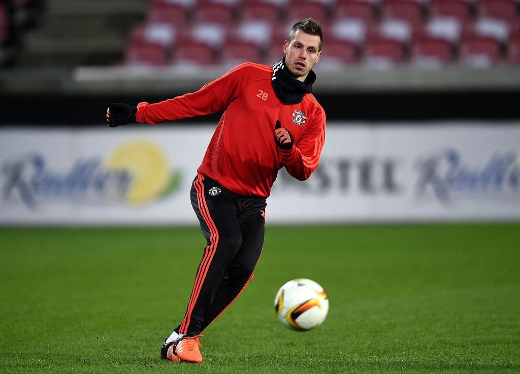 , DENMARK - FEBRUARY 17:  Morgan Schneiderlin of Manchester United makes a pass during a training session ahead of the UEFA Europa League Round of 32 match between FC Midtjylland and Manchester United at Herning MCH Multi Arena on February 17, 2016 in Herning, Denmark.  (Photo by Michael Regan/Getty Images)