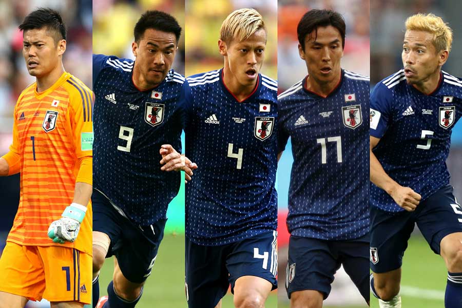 日本人W杯最多出場タイ記録がかかる（左から）川島、岡崎、本田、長谷部、長友【写真：Getty Images】