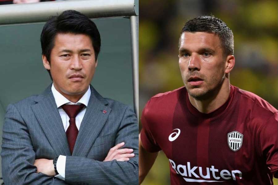 (左から)ヴィッセル神戸の吉田監督、MFポドルスキ【写真:Getty Images】