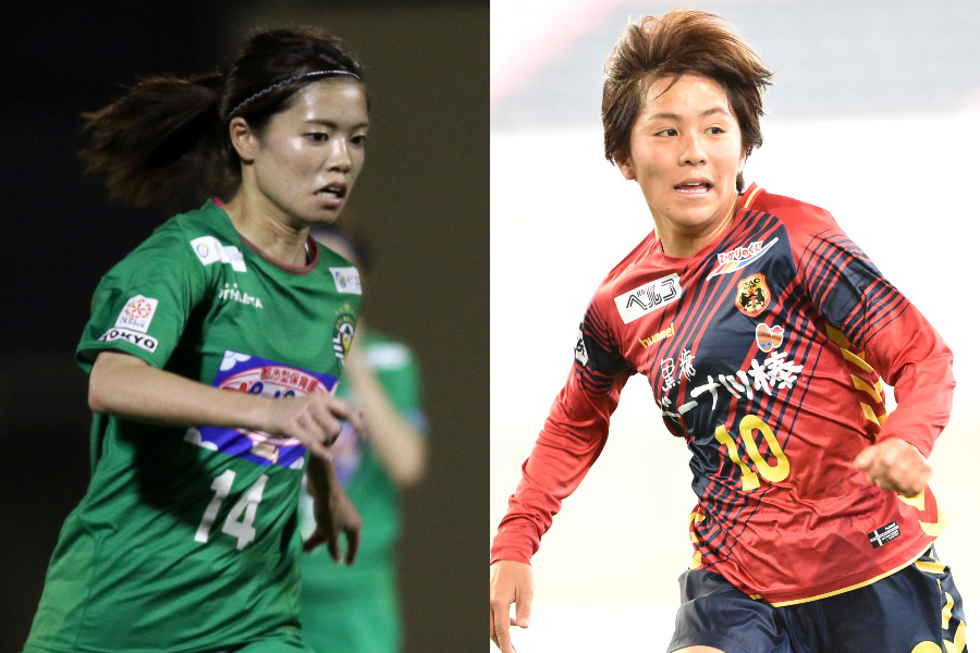 （左から）ベレーザMF長谷川、INAC神戸FW岩渕【写真：Football ZONE web＆井上智博】