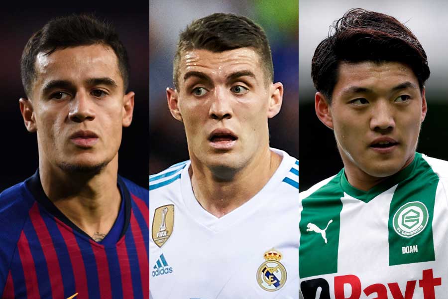 （左から）バルサMFコウチーニョ、昨季までレアルに在籍したMFコバチッチ（現チェルシー）、フローニンゲンMF堂安律【写真：Getty Images】
