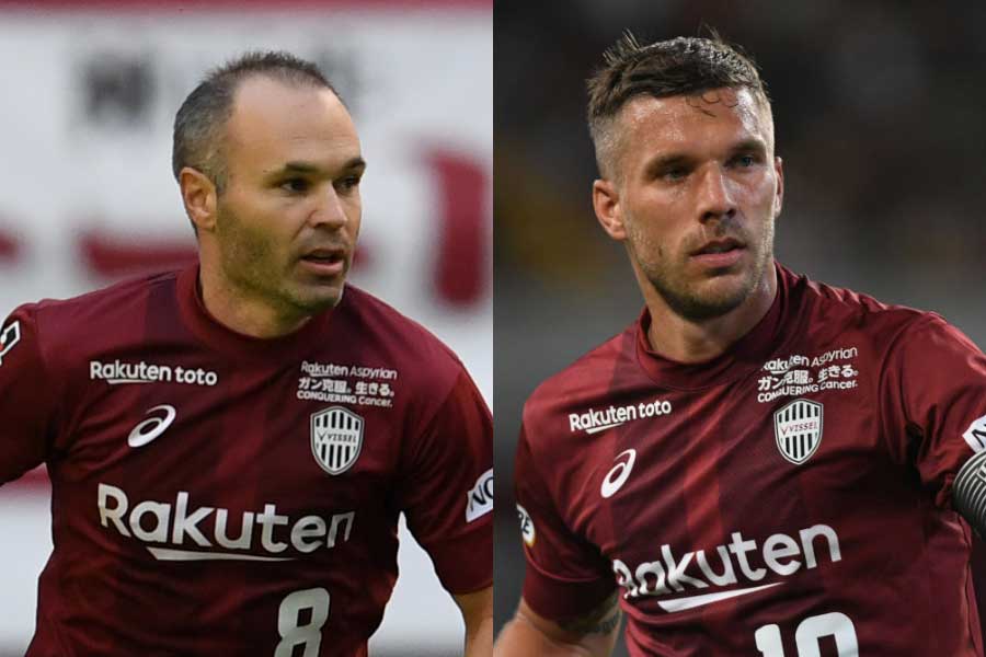 (左から)ヴィッセル神戸MFイニエスタ、FWポドルスキ【写真:Getty Images】