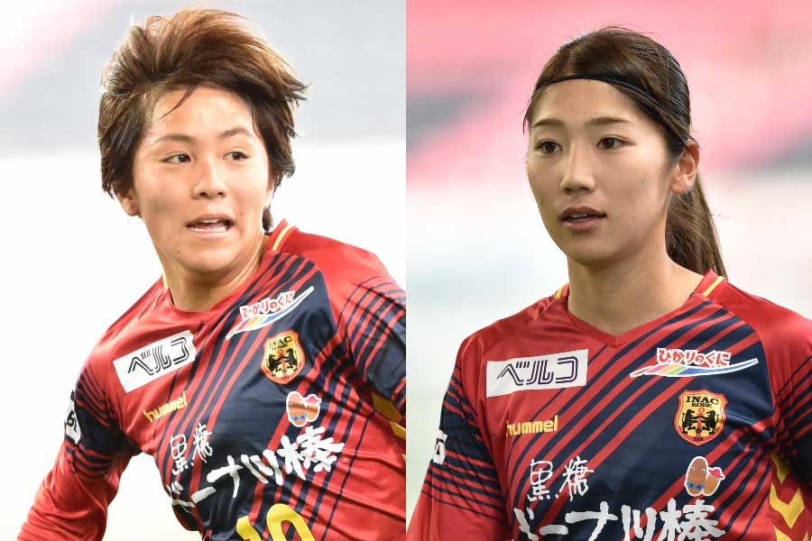FW岩渕(左)がMF仲田(右)との2ショットを公開している【写真:井上智博】