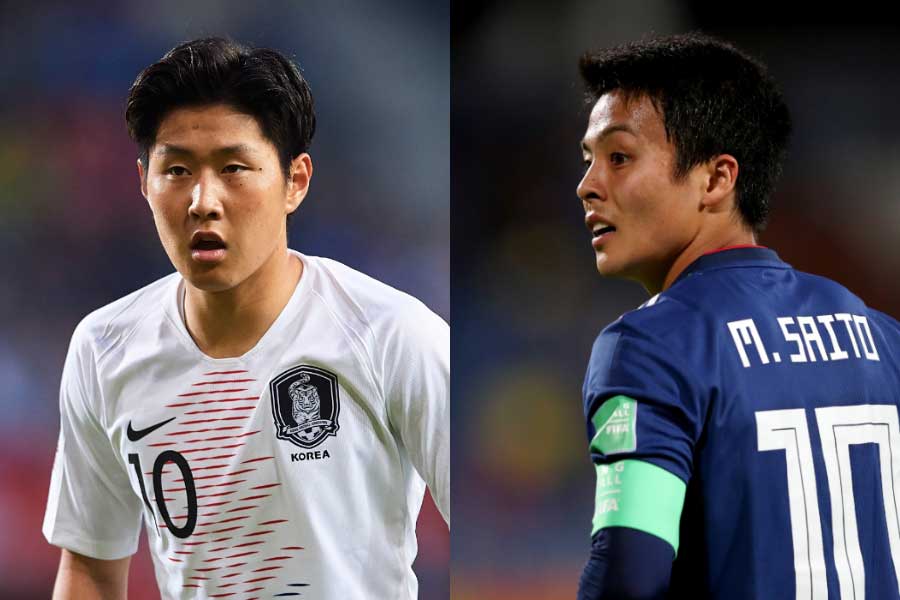 U-20韓国代表のFWイ・ガンイン（左）、U-20日本代表のMF齊藤未月（右）【写真：Getty Images】