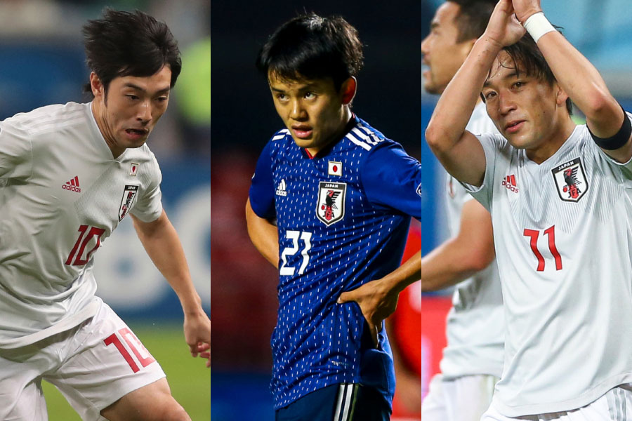（左から）日本代表MF中島、MF久保、MF三好【写真：AP＆Getty Images】