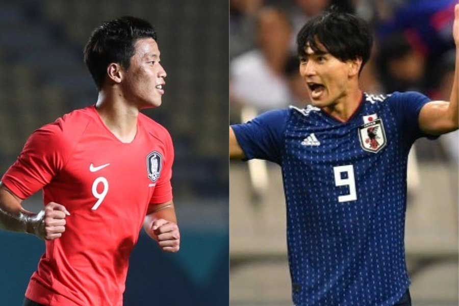 (左から)韓国代表FWファン・ヒチャン、日本代表MF南野【写真:Getty Images】