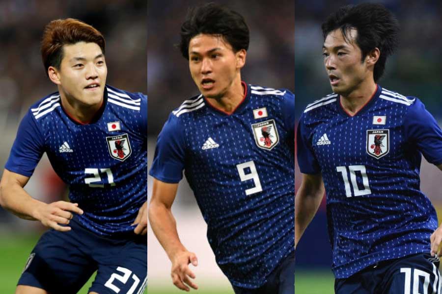 （左から）MF堂安、MF南野、MF中島【写真：田口有史＆Getty Images】