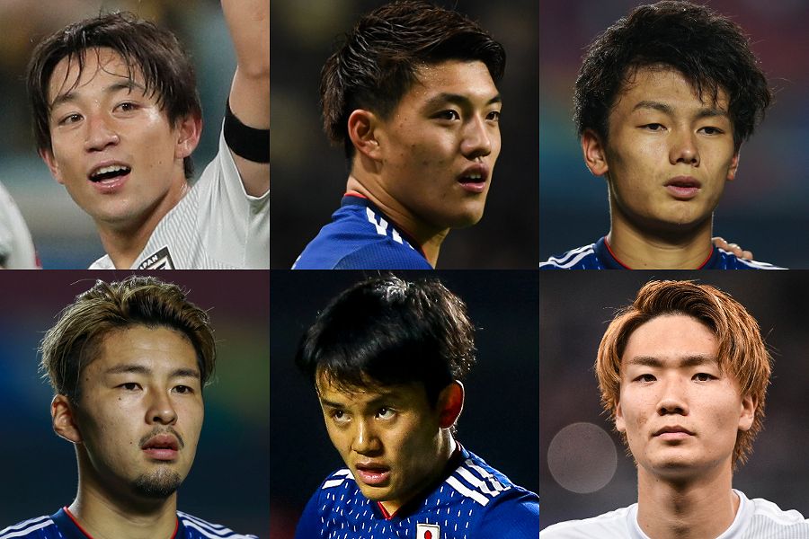 U-22日本代表の左上からMF三好、堂安、FW上田、MF中山、久保、DF板倉【写真：Getty Images】