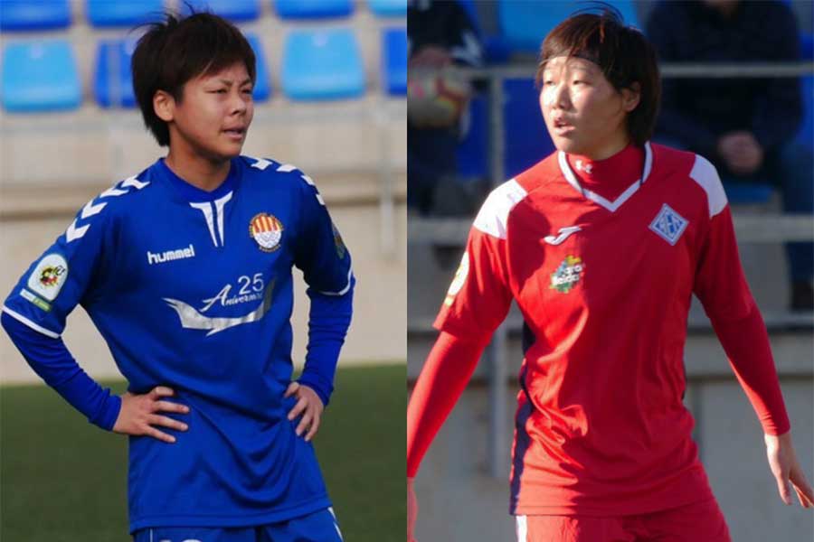 スペイン女子2部リーグでプレーをする桑原茜（左）と羽座妃粋【写真：Football ZONE web】