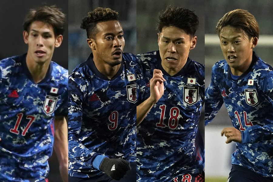 （左から）佐々木翔、鈴木武蔵、橋本拳人、森島 司【写真：Getty Images＆高橋学】