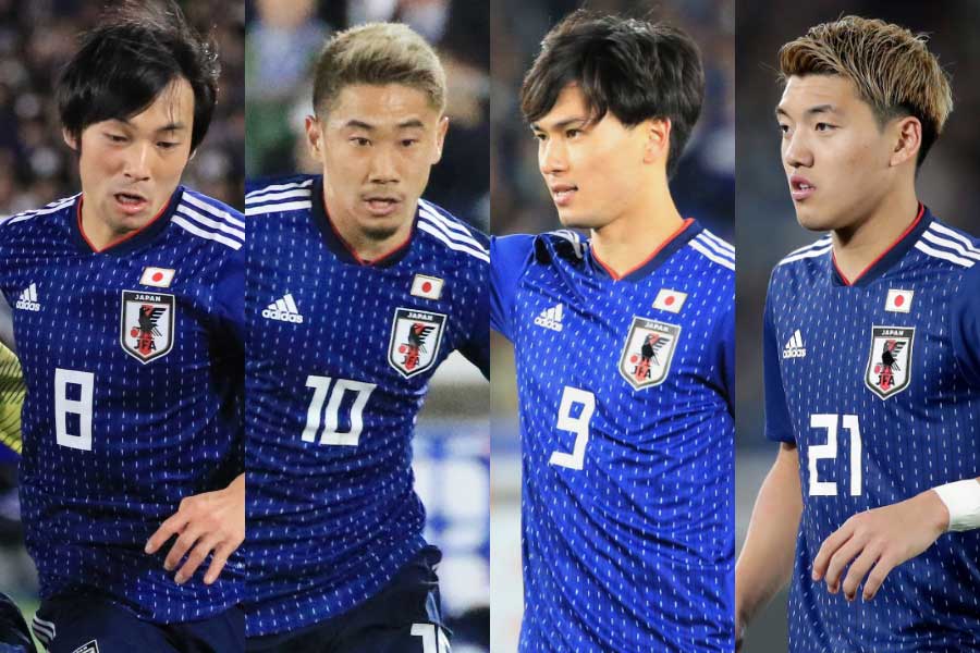 （左から）MF中島、MF香川、MF南野、MF堂安【写真：Noriko NAGANO＆Getty Images】