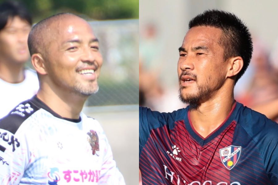 FC琉球MF小野伸二（左）とウエスカFW岡崎慎司【写真：©FC RYUKYU & SD Huesca】