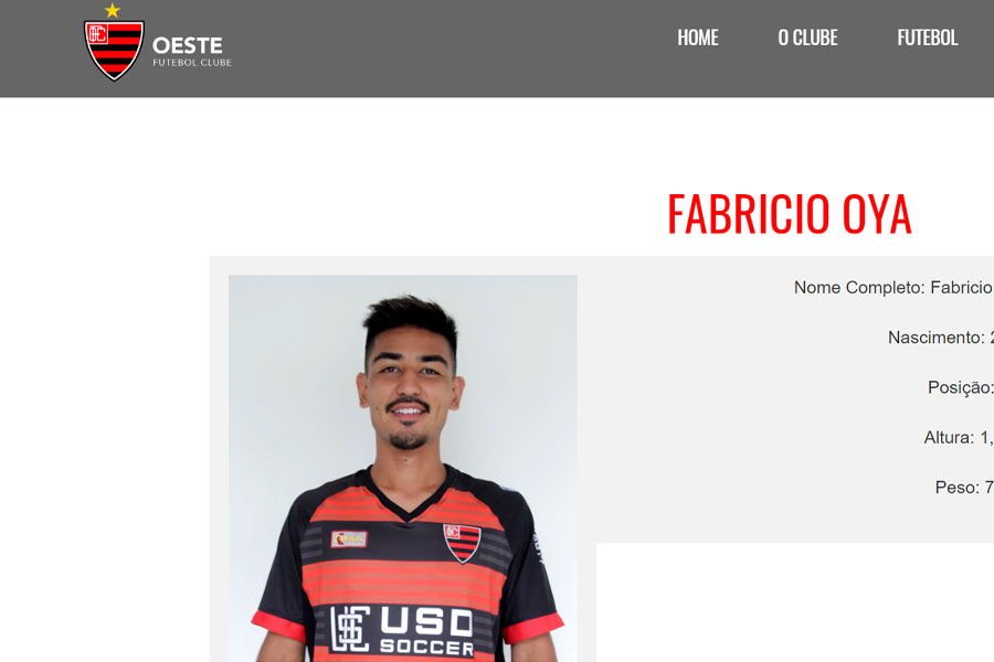 ブラジルのオエステFCでプレーするMFファブリシオ・オーヤ【写真はオエステFC公式サイトのスクリーンショットです】