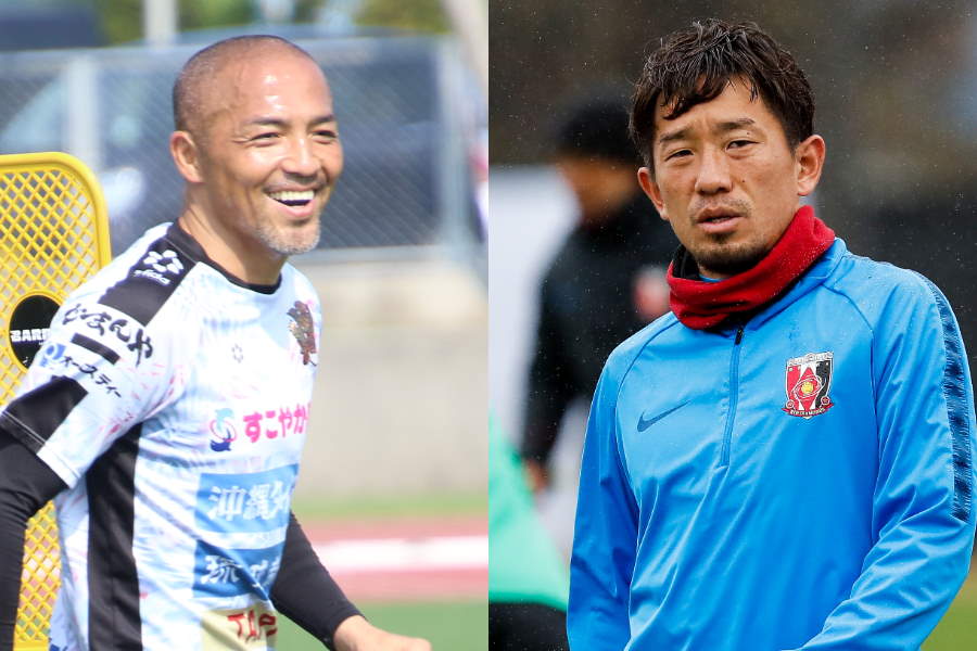 FC琉球の小野伸二（左）と浦和の宇賀神友弥【写真：© FC RYUKYU ＆ Getty Images 】