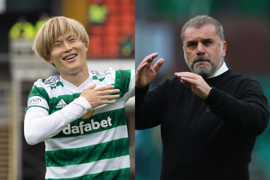 セルティックFW古橋亨梧とポステコグルー監督【写真：Getty Images ＆ ロイター】
