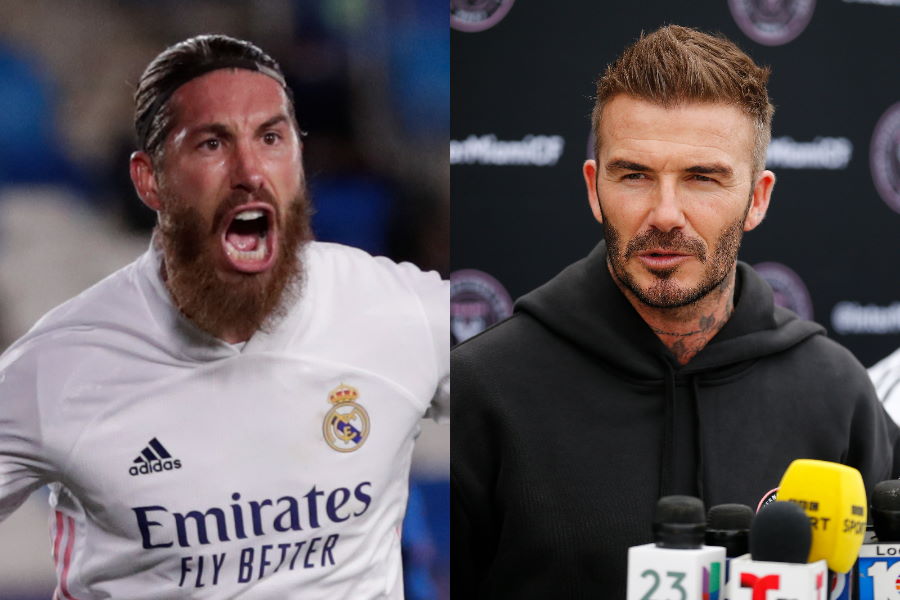 レアル主将ラモス(左)を元同僚ベッカム氏が勧誘か【写真:Getty Images & AP】
