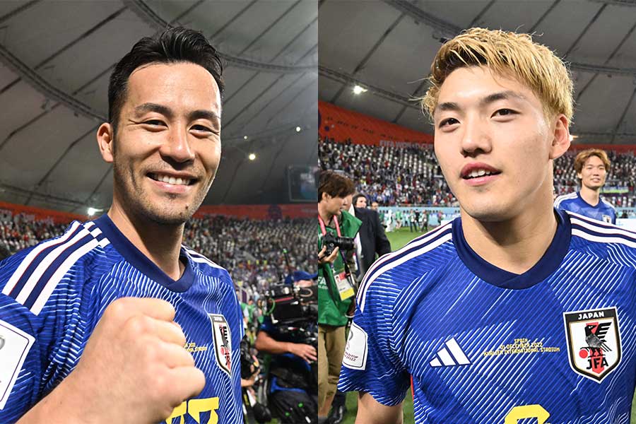 吉田麻也（左）と堂安律の写真にファンから感動の声【写真：徳原隆元（FOOTBALL ZONE特派）】