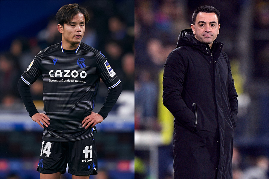 ソシエダでプレーする久保建英とバルセロナのシャビ監督【写真：Getty Images & ロイター】