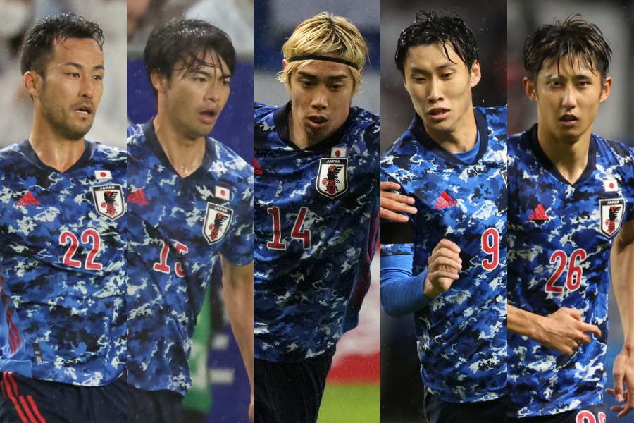 （左から）吉田、三笘、伊東、鎌田、伊藤【写真：Getty Images ＆ 高橋 学】