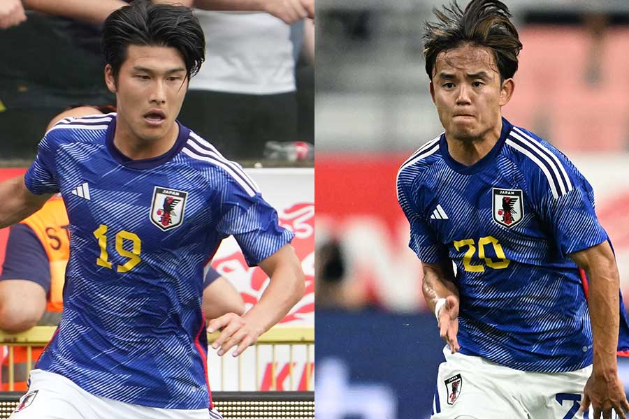 日本代表の橋岡大樹(左)と久保建英【写真:Getty Images & 徳原隆元】