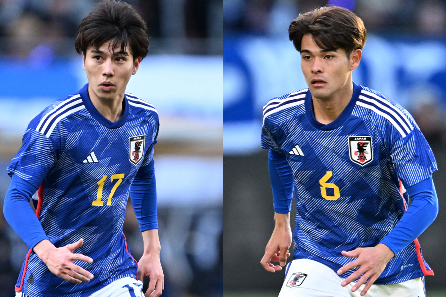 タイ戦ではボランチでコンビを組んだ田中碧と佐野海舟【写真：徳原隆元】