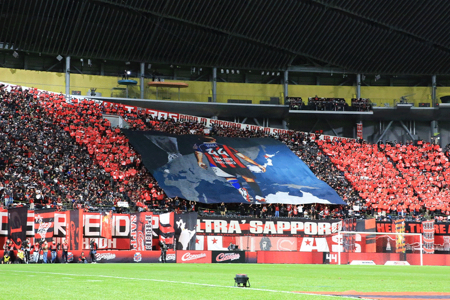 観客が掲げる色紙が、北海道コンサドーレ札幌のユニフォームを象徴する赤黒の縦じま模様を浮かび上がらせた【写真：(C) mm】