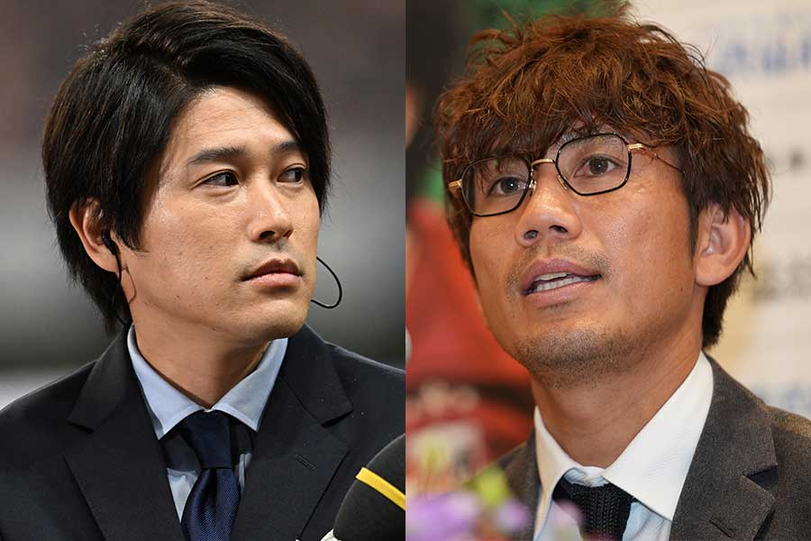 内田篤人氏(左)と柏木陽介氏が再会【写真:徳原隆元 & Getty Images】