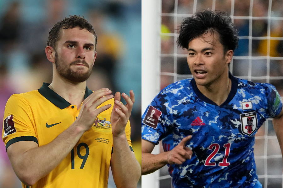 オーストラリア代表MFジャンニ・ステンスネスと日本代表MF三笘薫【写真:Getty Images & AP】