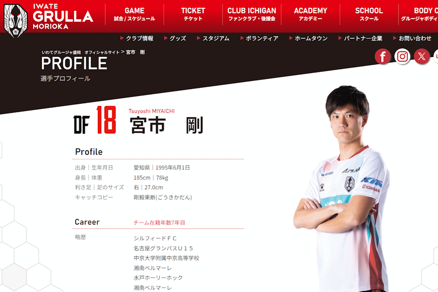 岩手DF宮市が頭を打ち後半29分に負傷交代【写真はクラブ公式HPのスクリーンショットです】