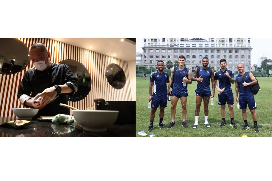 嬉しすぎて料理を目にする前に間接的に教えてくれるマルコス選手（右端）【写真提供：横浜F・マリノス】