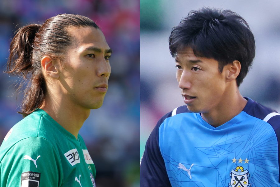 C大阪GKキム・ジンヒョンと磐田FW大津祐樹（※大津は昨季のもの）【写真：Getty Images ＆ 高橋 学】