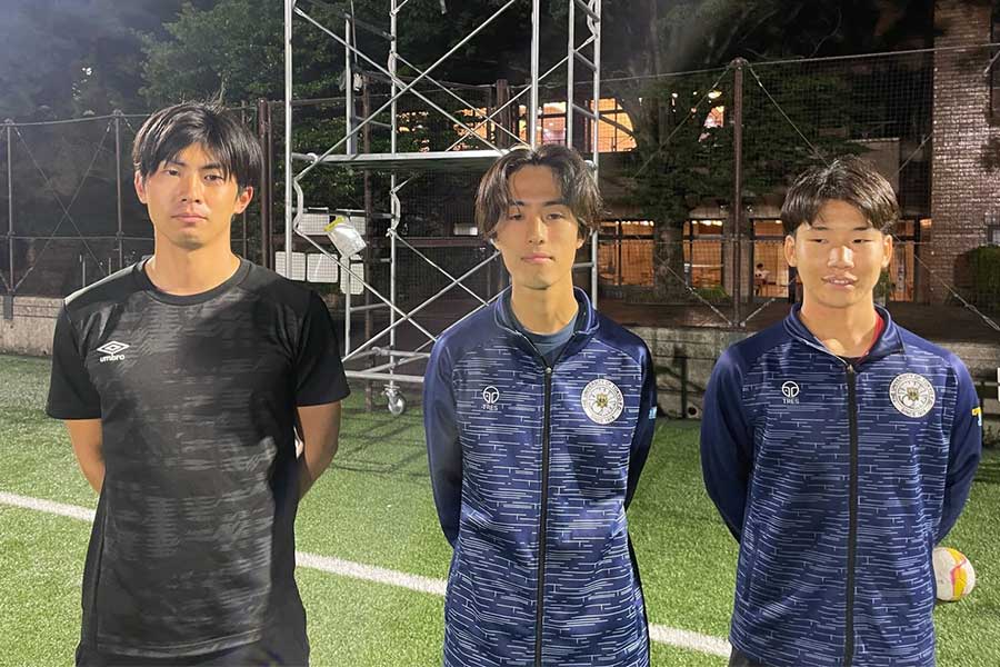 ア式蹴球部でフィジカル改革を主導する米田一稀さん(左)、高口英成さん(中央)、川上大智さん(右)【写真:東京大学運動会ア式蹴球部】