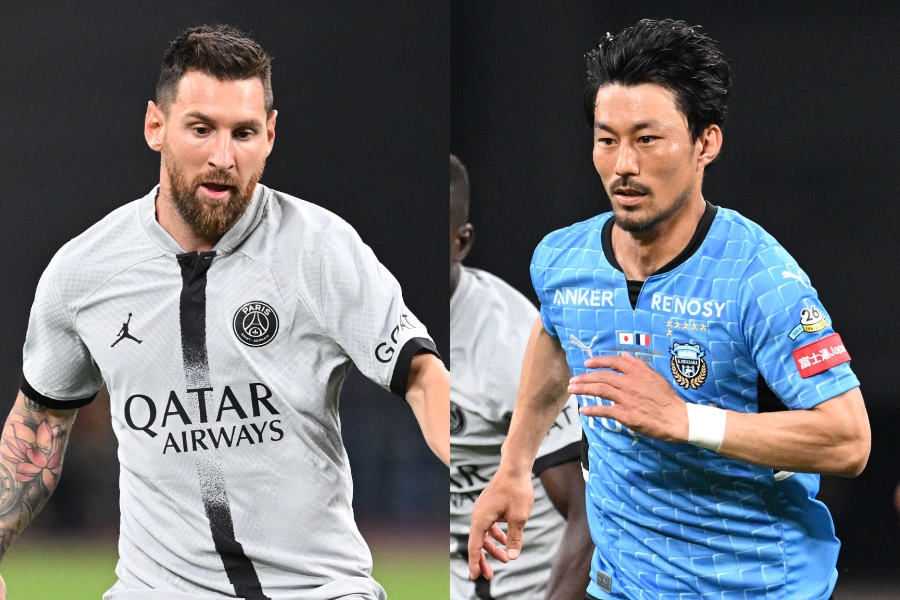 PSGのアルゼンチン代表FWリオネル・メッシと川崎MF家長昭博【写真：徳原隆元】
