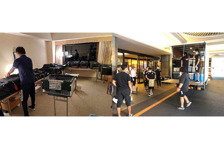 試合が終わると深夜まで撤収作業へ。そして翌朝には帰路に【写真提供：横浜F・マリノス】