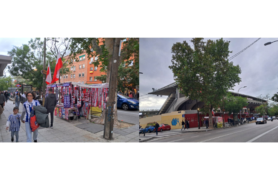 ソシエダが乗り込んだラージョの本拠地エスタディオ・デ・バジェカス（右）と周辺の様子（左）【写真：高橋智行】