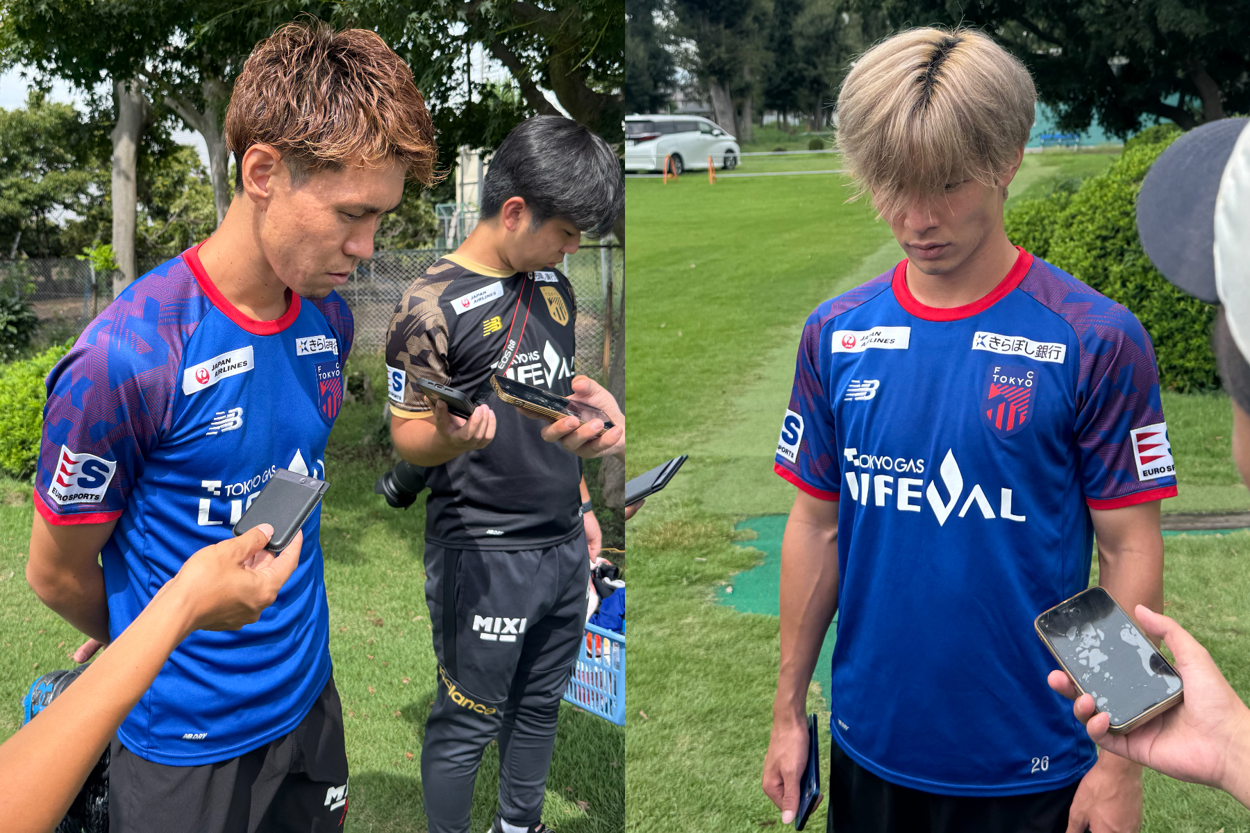 練習後の取材に応じた橋本拳人（左）と長倉幹樹【写真：FOOTBALL ZONE編集部】