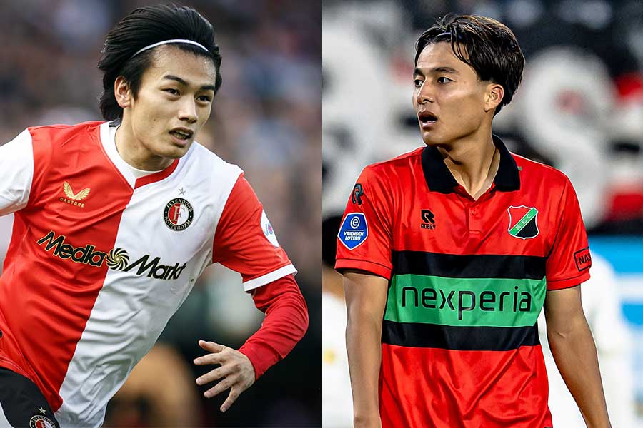 フェイエノールトの上田綺世(左)とNECの佐野航大【写真:ANP Photo/アフロ & REX/アフロ】