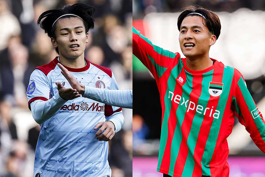 フェイエノールトの上田綺世（左）とNECナイメヘンの佐野航大【写真：ANP Photo/アフロ & アフロ】