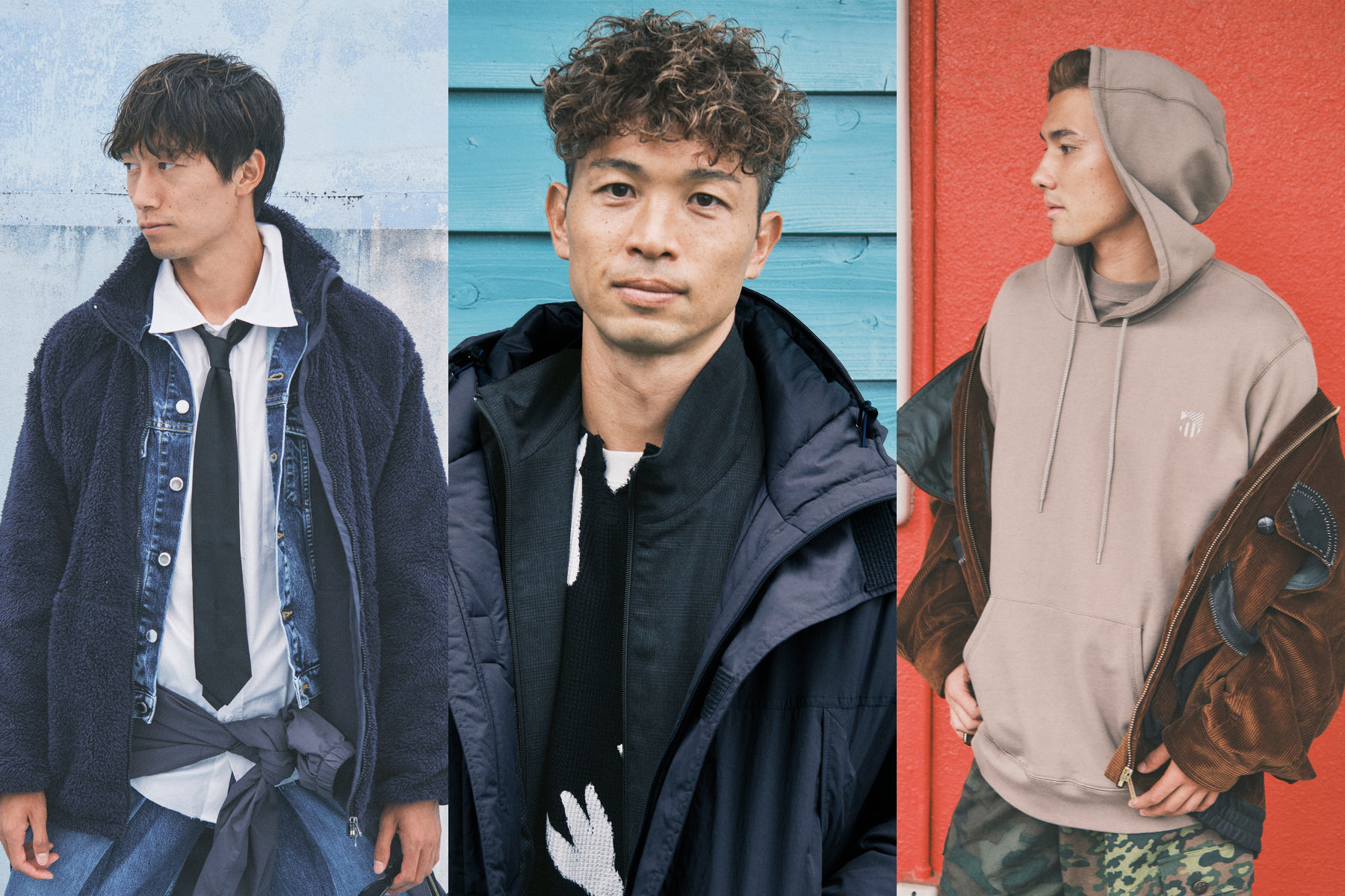 スタイリッシュな着こなしを見せた(左から)室屋成、森重真人、佐藤恵允【写真:(C) TOKYO BASE】