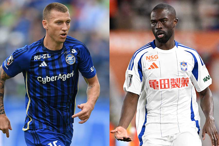 町田のミッチェル・デューク(左)と新潟のジェイソン・ゲリア【写真:アフロ & 徳原隆元】