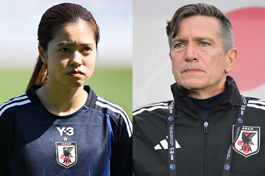 会見に出席した長谷川唯(左)とニルス・ニールセン監督【写真:松尾/アフロスポーツ】