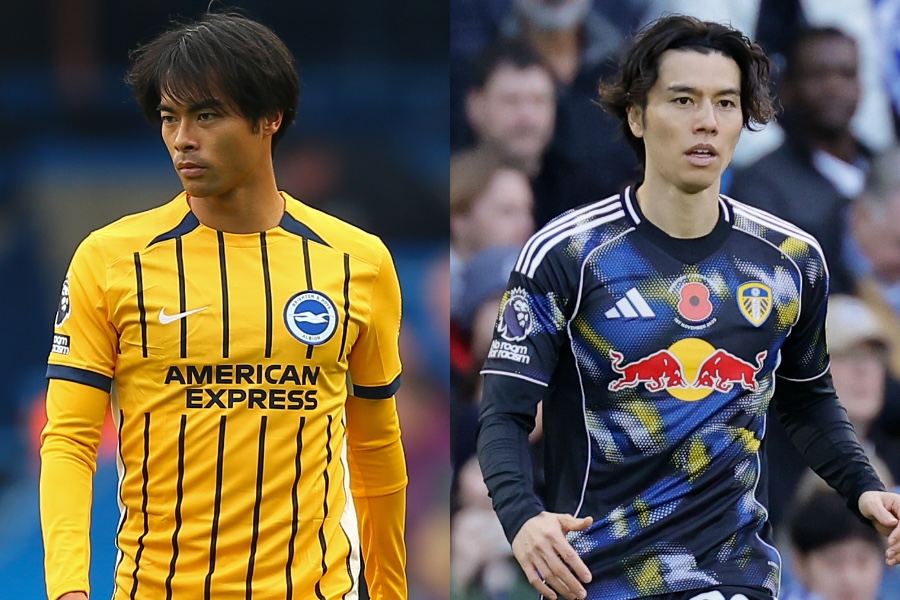 ブライトンの三笘薫(左)とリーズの田中碧【写真:アフロ&ZUMA Press/アフロ】