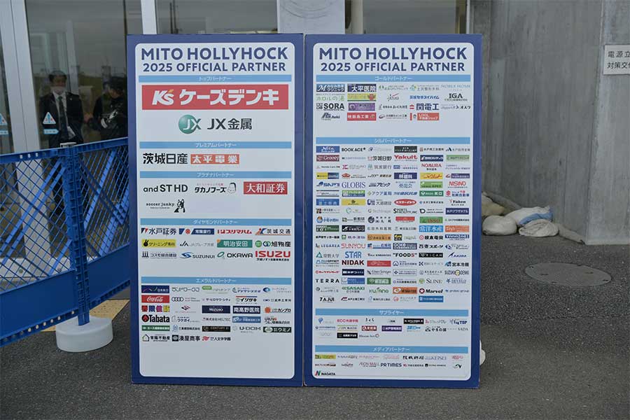 スタジアムに掲出されるパートナーズボード【写真提供:水戸ホーリーホック】