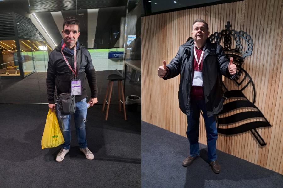 久保建英について語ったスペインラジオ局「ラジオ・マルカ」のラウール・フエンテス記者（左）、スペインラジオ局「カデナ・コペ」のマウリシオ・イディアケス記者（右）【写真：高橋智行】